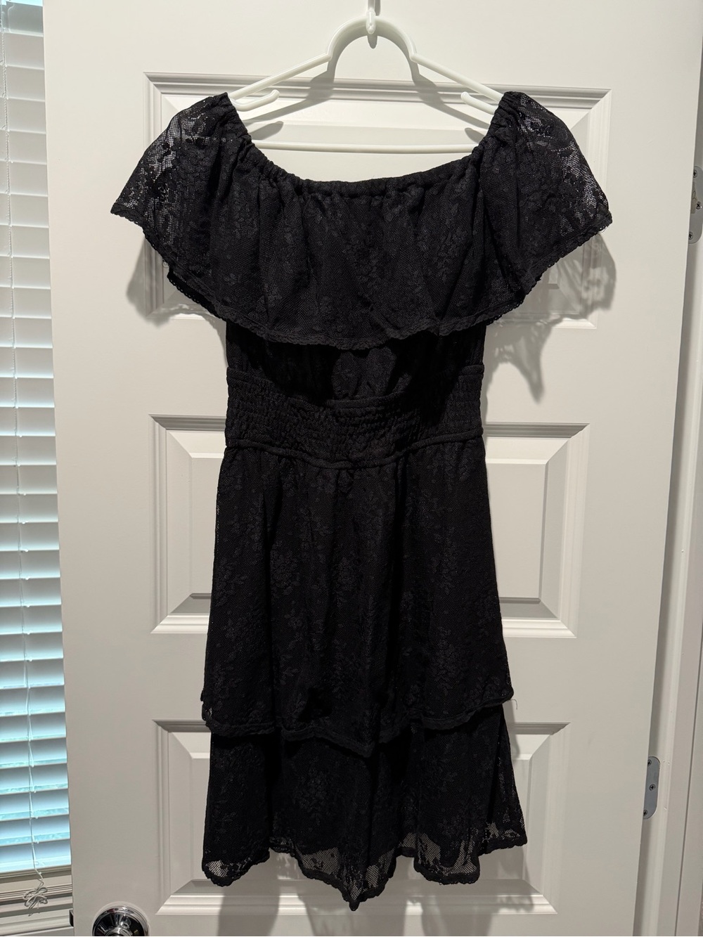 Francesca's Collections Black Lace Off-Shoulder Tiered Dress